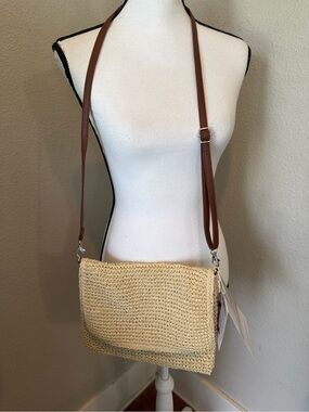 Straw Crossbody Bag with Brown Strap - Natural